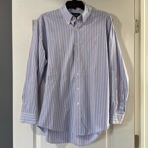 Ralph Lauren Blue Pink Striped Custom Fit Long Sleeve Button Down Shirt 16 32/33